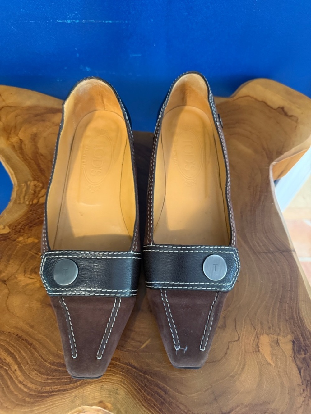 Women’s Tod's Brown Suede & Black Leather Pointed-Toe Heeled Loafers Size 6